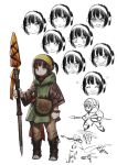  +_+ 1girl :o ^_^ anger_vein angry arm_at_side bag bead_bracelet beads black_hair blush boots bracelet brown_bag brown_boots brown_pants brown_sleeves clenched_teeth closed_eyes closed_mouth commentary_request dot_nose eyelashes fantasy fighting_stance from_side full_body green_tunic hairband hand_up head_only highres holding holding_polearm holding_weapon hood hood_down hooded_tunic jewelry jun_(navigavi) knee_boots long_sleeves looking_at_viewer motion_lines multiple_expressions multiple_views open-toe_boots open_mouth original pants parted_lips pointy_ears polearm ponytail sad scared short_hair short_ponytail shoulder_bag side_ponytail sidelocks simple_background sketch_inset smile spear spinning_weapon standing surprised teeth tongue tongue_out tunic upper_body upper_teeth_only wavy_mouth weapon white_background wide_sleeves yellow_eyes yellow_hairband 