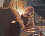  1boy 1girl alcohol artist_name ashtray black_tank_top blonde_hair cherry_(cytus) cigarette_pack commentary_request cup cytus cytus_ii drink_carton drinking_glass ear_piercing from_behind glass guitar head_rest highres instrument jewelry looking_at_another meatbun_(_meatbun) medium_hair milk_carton necklace on_floor pants piano piano_bench picture_frame piercing pink_eyes pink_hair playing_guitar playing_instrument rocks_glass shorts simon_jackson sitting sleeves_pushed_up smoke smoking socks sweater tank_top whiskey white_shorts white_socks 