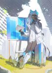  1girl absurdres atmospheric_perspective canvas_(object) commentary_request day dress easel grass highres long_hair migo45 original painting_(object) rolling_suitcase ruins shoes short_dress solo suitcase sunlight thighs visor_cap white_dress white_hair 