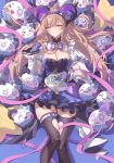  1girl absurdres arknights arknights:_endfield blue_gloves breasts brown_hair cleavage commentary curled_horns demon_tail earrings gloves hairband heart heart_earrings highres horns innoarukugyou jewelry large_breasts liino_(arknights) multicolored_horns partially_fingerless_gloves purple_eyes purple_hairband purple_horns purple_tail see-through_clothes see-through_sleeves shrug_(clothing) star-shaped_pupils star_(symbol) symbol-shaped_pupils tail thighhighs thighs two-tone_horns untranslatable_commentary white_shrug 