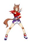  animal_ears arcle_(kuuga) armor biko_pegasus_(gale_pegasus_type_zero)_(umamusume) biko_pegasus_(umamusume) blue_eyes bracelet brown_hair brown_tail commentary_request fingerless_gloves gloves hair_ornament horse_ears horse_girl horse_tail jewelry kamen_rider kamen_rider_kuuga kamen_rider_kuuga_(mighty_form) kamen_rider_kuuga_(series) knee_pads purple_shirt rider_belt shirt shorts shoulder_armor tail tenkey2022 umamusume 