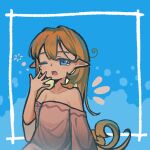  1girl alternate_costume blonde_hair blue_background blue_eyes blush commentary dress edsky0309 hair_between_eyes highres inset_border lily_white long_hair looking_at_viewer missing_headwear off-shoulder_dress off_shoulder one_eye_closed open_mouth orange_wings outside_border pointy_ears sleepy solo squeans tearing_up touhou very_long_hair white_dress wings yawning 