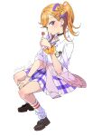  1girl 4ding black_bow black_choker bow brown_shoes candy cardigan cardigan_around_waist choker chupa_chups clothes_around_waist collared_shirt commentary diagonal-striped_bow food footwear_bow gingham_clothes gingham_skirt gyaru hair_bow highres holding holding_candy holding_food holding_lollipop invisible_chair jewelry kogal lollipop looking_at_viewer love_live! love_live!_series_official_card_game love_live!_superstar!! miniskirt necklace one_side_up open_collar orange_bow orange_hair orange_scrunchie pink_cardigan pleated_skirt purple_bow purple_skirt scrunchie shibuya_kanon shirt shoes short_sleeves simple_background sitting skirt sleeves_rolled_up solo star_(symbol) star_necklace striped_bow white_background white_shirt wrist_scrunchie 