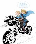  1boy 1girl behind_another black_pants blonde_hair blue_cloak blue_shirt braid brown_hair cloak crown_braid driving english_text link master_cycle motor_vehicle motorcycle on_motorcycle pants pointy_ears princess_zelda riding riding_motorcycle sheikah_slate shirt short_hair smile speech_bubble the_legend_of_zelda the_legend_of_zelda:_breath_of_the_wild the_legend_of_zelda:_tears_of_the_kingdom thought_bubble yufei 