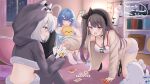  3girls :d absurdres all_fours animal_hood azur_lane bent_over black_choker black_hairband blue_eyes blue_hair blush bogatyr_(azur_lane) breasts brown_hair cardigan cardigan_pull cherry_print choker cleavage commentary_request cropped_hoodie curious excited fang food_print fruit_print full_body hair_between_eyes hair_ornament hair_over_one_eye hairband hairclip highres hood hoodie kneeling knees_up long_hair looking_at_another manjuu_(azur_lane) medium_breasts medium_hair multiple_girls oleg_(azur_lane) oleg_(repose_by_the_fireplace)_(azur_lane) open_cardigan open_clothes paashe pamiat_merkuria_(azur_lane) pamiat_merkuria_(sweet_cherry_memories)_(azur_lane) pink_eyes playing_card_game playing_games purple_eyes raccoon_hood smile smug underboob very_long_hair white_hair 
