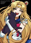  1girl animal artist_name bishoujo_senshi_sailor_moon black_background blonde_hair cat circlet closed_eyes commentary crescent crescent_earrings dated double_bun earrings elbow_gloves english_text floating_earrings gloves hair_bun highres holding holding_animal holding_cat jewelry long_hair luna_(sailor_moon) open_mouth parted_bangs piinkzluvsu sailor_moon smile tsukino_usagi white_gloves 