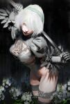  1girl 2b_(nier:automata) 3d artist_name black_dress black_gloves black_hairband black_thighhighs blender_(medium) boots breasts cleavage_cutout clothing_cutout dress english_commentary feather-trimmed_sleeves feather_trim flower gloves hairband highleg highleg_leotard highres holding holding_weapon juliet_sleeves leotard long_sleeves mole mole_under_mouth nier:automata nier_(series) no_blindfold over_shoulder puffy_sleeves selescha.arts short_hair thighhighs thighhighs_under_boots thong thong_leotard virtuous_contract weapon weapon_over_shoulder white_flower white_hair white_leotard 