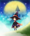  1girl artist_name black_dress black_hair black_thighhighs building closed_mouth commentary dress full_body full_moon gradient_hair grass hat hill layered_dress loa_lawrence_(orange_lore) moon multicolored_hair night orange_lore original outdoors purple_dress purple_hat red_eyes red_hair red_scarf scarf short_hair smile solo standing star_(symbol) star_ornament thighhighs witch_hat 