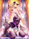  1girl antenna_hair black_bow black_dress blonde_hair blush bow breasts brooch commentary_request cure_arcana_shadow diamond_hairband dress fujima_takuya gradient_hair hair_bow hair_intakes heart heart_brooch holding_own_dress jewelry long_hair looking_at_viewer magical_girl meitantei_precure! moria_luluka multicolored_hair pink_hair precure purple_eyes purple_nails purple_veil sitting sleeveless sleeveless_dress small_breasts solo twitter_username veil very_long_hair white_wrist_cuffs wrist_cuffs 