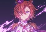  1girl animal_ears breasts cape closed_mouth commentary_request crown ear_ornament hair_between_eyes horse_ears horse_girl jewelry long_sleeves looking_at_viewer mini_crown nnmkmwakaranai orange_hair pink_cape pink_crown purple_eyes shirt short_hair solo t.m._opera_o_(o_sole_suo!)_(umamusume) t.m._opera_o_(umamusume) umamusume upper_body white_shirt 