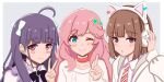  3girls ;) absurdres adjusting_clothes adjusting_headwear ahoge animal_ear_headphones animal_ears black_bow black_bowtie blue_eyes blunt_bangs blunt_ends bob_cut border bow bowtie brown_hair cat_ear_headphones cat_ears chofu_noriko closed_mouth collared_shirt commentary_request diagonal-striped_clothes diagonal-striped_necktie dress fake_animal_ears fanged_bangs frilled_dress frills grey_background hair_ornament headphones highres hood hood_down hooded_jacket ikizulive!_love_live!_bluebird jacket kanazawa_miracle long_hair looking_at_viewer love_live! multiple_girls necktie one_eye_closed open_clothes open_jacket outside_border parted_lips pinafore_dress pink_hair pink_necktie purple_dress purple_eyes purple_hair sasaki_shion school_uniform shirt short_hair simple_background sleeveless sleeveless_dress smile star_(symbol) star_hair_ornament striped_clothes striped_necktie sweater thick_eyebrows two_side_up v white_border white_jacket white_shirt white_sweater yuyuyu02282 