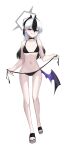  1girl absurdres bare_legs bikini black_bikini black_choker black_hair black_horns black_nails blue_archive breasts choker commentary_request full_body gradient_hair grey_halo grin hair_between_eyes halo highres horns kayoko_(blue_archive) kayoko_(tsutaya)_(blue_archive) long_hair looking_at_viewer multicolored_hair red_eyes simple_background small_breasts smile solo standing straight-on strapless swimsuit sych1590 two-tone_hair walking white_background white_hair 