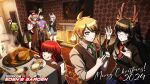  2024 3boys 5girls absurdres ahoge antlers black_hair black_shirt blonde_hair blue_eyes blue_skirt blunt_bangs blunt_sidelocks bow brown_vest carrying carrying_person cassidy_amber christmas collared_shirt commentary damon_maitsu danganronpa_(series) deer_antlers double_bun drill_hair english_commentary eva_tsunaka fake_antlers frilled_necktie glasses grace_madison green_eyes green_necktie hair_bow hair_bun hair_slicked_back hairband headband highres holding horns ingrid_grimwall jacket japanese_clothes kayura_toshiko kimono komatsuzaki_rui_(style) long_hair long_sleeves mark_berskii multicolored_hair multiple_boys multiple_girls necktie nifast_(greentail) official_art pants pink_eyes pink_hair pleated_skirt ponytail project:_eden's_garden purple_eyes red_hair red_hairband shirt short_hair side_part sidelocks skirt smile tako0mari very_long_hair vest visor_cap wavy_sidelocks white_hair white_shirt wolfgang_akire 