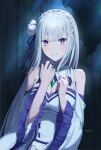  1girl absurdres artist_name blue_ribbon blush braid breasts cleavage closed_mouth commentary dark_background elf emilia_(re:zero) flower gem green_gem hair_flower hair_ornament hair_ribbon hands_up highres large_breasts long_hair looking_at_viewer pointy_ears purple_eyes re:zero_kara_hajimeru_isekai_seikatsu ribbon signature smile solo tooku0 upper_body very_long_hair white_hair wide_sleeves 