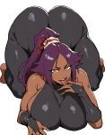  1girl all_fours alternate_breast_size_(larger) ass bare_shoulders barefoot black_bodysuit bleach bleach:_sennen_kessen-hen bodysuit breasts curvy dark-skinned_female dark_skin fingernails high_ponytail highres huge_ass impossible_bodysuit impossible_clothes large_breasts licking licking_finger looking_at_viewer nexxlh plump ponytail purple_hair sharp_fingernails shihouin_yoruichi shihouin_yoruichi_(sennen_kessen-hen) simple_background smirk solo thick_thighs thighs tongue tongue_out wide_hips yellow_eyes 
