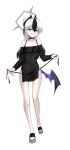  1girl absurdres bare_legs bikini black_bikini black_choker black_hair black_horns black_nails blue_archive breasts choker commentary_request full_body gradient_hair grey_halo grin hair_between_eyes halo highres horns kayoko_(blue_archive) kayoko_(tsutaya)_(blue_archive) long_hair looking_at_viewer multicolored_hair red_eyes see-through_clothes see-through_shirt shirt side_slit simple_background small_breasts smile solo standing straight-on strapless strapless_shirt swimsuit sych1590 two-tone_hair walking white_background white_hair 