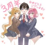  1boy 2girls aijou_rentarou awahuji_miyuki black_hair blazer blonde_hair blue_eyes blue_jacket blue_skirt brown_sweater collared_shirt commentary_request fewer_digits finger_counting green_eyes hanazono_hakari heart highres holding_hands inda_karane jacket kimi_no_koto_ga_dai_dai_dai_dai_daisuki_na_100-nin_no_kanojo long_hair miniskirt multiple_girls neck_ribbon necktie open_mouth pink_hair pleated_skirt red_necktie red_ribbon ribbon shirt short_hair simple_background skirt sweater translation_request very_long_hair white_background white_shirt 