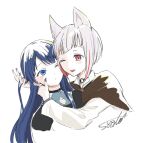  2girls :d ;d black_choker blue_eyes blue_hair bob_cut brown_cape cape choker collarbone collared_shirt commentary_request dollchestra hand_in_another's_hair inverted_bob long_hair love_live! love_live!_hasu_no_sora_jogakuin_school_idol_club multicolored_hair multiple_girls murano_sayaka o-ring o-ring_choker one_eye_closed open_mouth red_eyes red_streaks shirt short_hair signature simple_background smile streaked_hair suito virtual_youtuber white_background white_hair white_shirt yugiri_tsuzuri yuri 