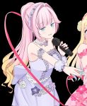  2girls :3 anyoji_hime black_background blonde_hair commentary_request dress finger_bow finger_ribbon flower_stand_art frilled_dress frills gradient_hair hair_intakes hairband high_ponytail highres hisaka holding holding_microphone ima_kako_mirai_no_sangenshoku love_live! love_live!_hasu_no_sora_jogakuin_school_idol_club microphone multicolored_hair multiple_girls open_mouth osawa_rurino outstretched_arm pink_hair pink_ribbon ponytail purple_dress purple_hairband ribbon simple_background smile solo_focus strapless strapless_dress tsubuan_(in_taiyaki) virtual_youtuber 