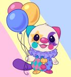  animal_ears balloon clown collar colorful crescent crescent_facial_mark facial_mark freckles frilled_shirt_collar frills holding holding_balloon no_humans oshawott otter otter_ears otter_tail pink_nose pokemon pokemon_(creature) purple_collar seashell shell solo star_(symbol) star_facial_mark tail woodelands 