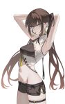  1girl black_shorts breasts brown_hair collared_shirt commentary crop_top ear_piercing earrings framed_breasts green_eyes hair_ribbon highres jewelry koga_taiga long_hair medium_breasts mole mole_on_neck mole_on_thigh neck_ribbon original piercing ribbon shirt short_shorts shorts sleeveless sleeveless_shirt solo tassel tassel_earrings thigh_strap twintails untranslatable_commentary very_long_hair 