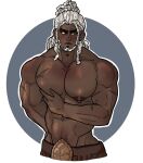  1boy bara beard bertrand_(fire_emblem) broad_shoulders chinstrap_beard closed_mouth commentary cropped_torso cyanide_prince dark-skinned_male dark_skin dreadlocks english_commentary facial_hair fire_emblem fire_emblem:_fortune's_weave highres large_pectorals lips long_hair male_focus multiple_scars muscular muscular_male navel nipples pectorals scar simple_background solo white_hair 
