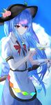  1girl absurdres apron back_bow bird black_hat blue_bow blue_hair blue_skirt blue_sky bow bowtie chinese_commentary closed_mouth cloud commentary_request day ehextra fruit_hat_ornament hat hat_ornament highres hinanawi_tenshi leaf_hat_ornament long_hair peach_hat_ornament puffy_short_sleeves puffy_sleeves red_bow red_bowtie red_eyes sheath sheathed shirt short_sleeves skirt sky solo sword touhou very_long_hair waist_apron weapon white_apron white_bird white_shirt 