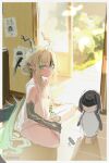  1girl absurdres aqua_eyes ardashir_(arknights) arknights arknights:_endfield bare_legs bare_shoulders bead_bracelet beads black_streaks blindfold_mask blurry blurry_background blush bracelet breasts character_doll chinese_commentary commentary_request doll double_bun dragon_girl dragon_horns dragon_tail eastern_dragon_horns eastern_dragon_tail endministrator_(arknights) female_endministrator_(arknights) from_above green_hair green_hands hair_bun hair_ornament hand_on_own_leg highres horns indian_style indoors jewelry long_hair looking_at_viewer male_endministrator_(arknights) mask multicolored_hair no_bra painting_(object) pointy_ears shouji si's_drawing_of_ardashir si_(arknights) side_up_bun sidelocks sitting sliding_doors small_breasts solo spool streaked_hair stuffed_animal stuffed_penguin stuffed_toy sweat tail tank_top white_tank_top xiaoyuganbuxian 