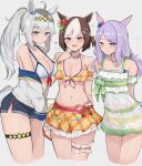  3girls :d ahoge alternate_costume animal_ears arm_garter arms_behind_back bikini bikini_skirt blue_choker blue_eyes blue_shorts braid breasts brown_hair choker cleavage closed_mouth commentary cropped_legs dress dress_swimsuit ear_flower english_commentary flat_chest frilled_bikini frilled_dress frilled_thigh_strap frills front-tie_bikini_top front-tie_top green_bikini grey_background grey_hair half_up_braid hand_up highres horse_ears horse_girl horse_tail jacket jewelry large_breasts long_hair looking_at_viewer low_twintails mejiro_mcqueen_(fair_lady_of_the_waves)_(umamusume) mejiro_mcqueen_(umamusume) multicolored_hair multiple_girls navel necklace off_shoulder official_alternate_costume official_alternate_hairstyle oguri_cap_(umamusume) one_side_up open_mouth orange_bikini orange_skirt plaid_bikini plaid_clothes plaid_skirt ponytail purple_eyes purple_hair short_hair short_shorts shorts shuuzo3 simple_background skirt sleeves_past_fingers sleeves_past_wrists small_breasts smile special_week_(hopp'n_happy_heart)_(umamusume) special_week_(umamusume) stomach streaked_hair swept_bangs swimsuit tail thigh_strap twintails umamusume white_bikini white_dress white_jacket white_streaks 
