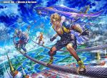  1girl 4boys aircraft airship arina_nary armor auron beard black_overalls blonde_hair blue_eyes breasts chain chain_necklace chest_strap claws facial_hair fahrenheit_(ff10) final_fantasy final_fantasy_x furry furry_male furry_with_non-furry gloves green_shorts hood horns interspecies jacket jewelry kimahri_ronso magic:_the_gathering medium_breasts midriff multiple_boys necklace official_art orange_hair outdoors overalls pants red_jacket rikku_(ff10) ronso rope_belt scarf shirt short_hair shorts sky smile sparks tidus wakka yellow_pants 
