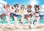  5girls absurdres adjusting_eyewear agnes_tachyon_(lunatic_lab)_(umamusume) agnes_tachyon_(umamusume) ahoge animal_ears arm_up armpits ball bare_shoulders barefoot beach beachball bikini bikini_skirt black_bikini black_gloves black_hair blue_eyes blue_shorts blue_sky blush bracelet breasts brown_eyes brown_hair cleavage cloud commentary criss-cross_halter cutoffs dantsu_flame_(umamusume) dyed_ahoge ear_covers english_commentary eyewear_on_head flask frilled_bikini frills fuji_kiseki_(umamusume) full_body gloves green-tinted_eyewear green_jacket grey_shorts grin hair_between_eyes halterneck highres holding holding_ball holding_beachball holding_test_tube horse_ears horse_girl horse_tail huge_ahoge jacket jewelry jungle_pocket_(tobasuze_hot_summer!)_(umamusume) jungle_pocket_(umamusume) kii-kun_(agnes_tachyon)_(umamusume) large_breasts long_bangs long_hair long_hair_between_eyes looking_at_viewer manhattan_cafe_(the_bubbles_that_i_see_with_you)_(umamusume) manhattan_cafe_(umamusume) medium_breasts medium_hair multicolored_hair multiple_girls nanaken_(qijian23092715) navel ocean official_alternate_costume official_alternate_hairstyle open_fly open_mouth outdoors parted_lips pink_bikini ponytail red_eyes round-bottom_flask ruffle_bikini sandals see-through_clothes see-through_jacket short_hair short_shorts short_sleeves shorts single_glove sky small_breasts smile standing standing_on_one_leg stomach streaked_hair sunglasses swimsuit tail test_tube thigh_strap thighs tied_jacket tinted_eyewear umamusume water white_hair white_streaks yellow_bikini yellow_eyes 