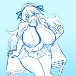  1girl :d absurdres blue_background blue_necktie blue_ribbon blue_theme blush breasts desk hair_between_eyes hair_ribbon hanzou_academy_school_uniform highres katsuragi_(senran_kagura) long_hair looking_at_viewer miniskirt navel necktie no_bra on_desk open_clothes open_mouth open_shirt pleated_skirt ribbon sawplanik school_uniform senran_kagura senran_kagura_shoujo-tachi_no_shin'ei shiny_skin shirt sitting sketch_background skirt smile solo teeth thumbs_up tongue upper_teeth_only very_long_hair 