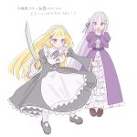  2girls alternate_costume apron blonde_hair blunt_bangs breasts commentary_request cosplay crossover dress emilia_(re:zero) enmaided flower frills full_body grey_hair hair_flower hair_ornament hair_ribbon highres holding holding_sword holding_weapon juliet_sleeves long_hair long_sleeves maid maid_headdress meruhen53723 multiple_girls open_mouth pantyhose pointy_ears puffy_sleeves purple_dress purple_eyes purple_ribbon re:zero_kara_hajimeru_isekai_seikatsu ribbon roswaal_mansion_maid_uniform shoes simple_background sword sylphy_(re:zero) very_long_hair weapon white_apron white_background white_flower x_hair_ornament 