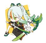  1girl armband artist_name black_jacket black_skirt chibi fighting_miku_(project_voltage) food food-themed_hair_ornament full_body gloves green_armband green_eyes green_hair hair_between_eyes hair_ornament hatsune_miku holding holding_food holding_spring_onion holding_vegetable jacket long_hair melanbread multicolored_hair necktie on_one_knee pokemon pokemon_(creature) project_voltage shield shoes simple_background sirfetch'd skirt sneakers solo spring_onion spring_onion_hair_ornament streaked_hair thick_eyebrows thighhighs twintails vegetable vocaloid white_background white_gloves white_necktie white_shoes white_thighhighs yellow_background 