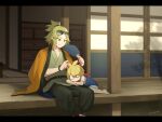  1boy 1other ahoge barefoot black_eyes blonde_hair bracelet child commentary_request curtained_hair day eyewear_on_head feet_out_of_frame hand_fan haori holding holding_another's_hair holding_fan honogurashi_no_niwa japanese_clothes jewelry kisuke_(honogurashi) lap_pillow letterboxed looking_at_another minato_(robin) outdoors paper_fan pearl_bracelet ponytail protagonist_(honogurashi) relaxing sanpaku short_hair short_ponytail shouji sitting_on_pillow sleeping sliding_doors smile sunlight tatami uchiwa veranda wooden_floor yellow_haori 