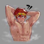  !? 1boy abs armpit_hair armpits arms_behind_head bara blush chest_hair commentary cropped_torso english_commentary exgn fire_emblem fire_emblem:_fortune's_weave grey_background headband highres looking_at_viewer male_focus nathan_(fire_emblem) nipples pectorals red_hair short_hair simple_background solo steaming_body sweat toned toned_male variant_set 