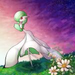  1girl arched_back bob_cut cloud colored_skin commentary_request dutch_angle flat_chest flower from_side full_body gardevoir gradient_sky grass green_hair green_skin hair_over_one_eye hands_up happy highres leg_up looking_down looking_to_the_side multicolored_skin nanairo_(pixiv_116811856) no_feet one_eye_covered open_mouth outdoors own_hands_together pokemon pokemon_(creature) purple_sky red_eyes short_hair sky smile solo standing standing_on_one_leg sunset two-tone_skin white_flower white_skin 