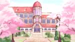  4ding blurry cherry_blossoms commentary day highres in-universe_location lamppost love_live! love_live!_superstar!! no_humans outdoors school 