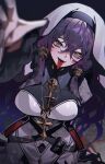  1girl absurdres black_background black_dress black_survival breasts commentary cross_pendant dress eternal_return:_black_survival hair_between_eyes highres its2h35 large_breasts long_hair long_tongue looking_at_viewer ly_anh nun_headdress official_alternate_costume outstretched_hand possessed purple_hair simple_background solo straight-on tongue tongue_out upper_body yellow_eyes 