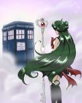  1girl bishoujo_senshi_sailor_moon black_boots black_sailor_collar black_skirt boots bow commentary crossover doctor_who earrings english_commentary from_behind garnet_rod gloves green_hair hair_bun holding holding_staff jewelry long_hair magical_girl meiou_setsuna miniskirt pleated_skirt pookiepenworks red_bow sailor_collar sailor_pluto sailor_senshi sailor_senshi_uniform single_hair_bun skirt solo staff standing very_long_hair white_gloves 