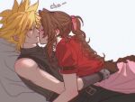  1boy 1girl aerith_gainsborough arm_belt arms_around_another's_waist belt black_pants blonde_hair blush braid braided_ponytail brown_belt brown_gloves brown_hair closed_eyes cloud_strife commentary couple cropped_jacket cuddling dress final_fantasy final_fantasy_vii final_fantasy_vii_remake gloves grey_shirt hair_between_eyes hair_ribbon hetero highres jacket kiss kissing_cheek long_hair multiple_belts pants parted_bangs pillow pink_dress pink_ribbon poffg_7 red_jacket ribbed_shirt ribbon sequential shirt short_hair short_sleeves sidelocks single_bare_shoulder single_braid sleeveless sleeveless_turtleneck spiked_hair suspenders turtleneck untranslatable_commentary white_background 