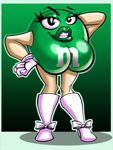  black_eyes bow candy chadrocco eyelashes female food gloves green_background green_lips green_m&amp;m hand_on_hip knee_boots lips m&amp;m m&amp;ms mascot mascots ms._green plain_background pose possible_breasts solo standing testicle_chin what 