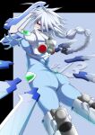  1girl ahoge arm_blade ass blazblue blue_background blue_bodysuit bodysuit braid breasts character_name commentary english_commentary fingernails floating floating_hair floating_object floating_weapon head-mounted_display highres long_hair medium_breasts natadekoko-zr nu-13 red_eyes sharp_fingernails single_braid solo very_long_hair weapon white_hair 