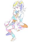  1girl 4ding bow candy cardigan cardigan_around_waist chupa_chups clothes_around_waist collared_shirt color_trace commentary diagonal-striped_bow food footwear_bow gingham_clothes gingham_skirt gyaru hair_bow highres holding holding_candy holding_food holding_lollipop invisible_chair jewelry kogal lollipop looking_at_viewer love_live! love_live!_series_official_card_game love_live!_superstar!! miniskirt necklace one_side_up open_collar pleated_skirt scrunchie shibuya_kanon shirt short_sleeves simple_background sitting skirt sleeves_rolled_up solo star_(symbol) star_necklace striped_bow white_background wrist_scrunchie 