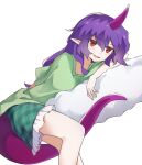  1girl :d feet_out_of_frame frilled_shorts frills green_shirt green_shorts highres horns ishijogahara lizard_tail long_hair looking_at_viewer open_mouth plaid_clothes plaid_shorts pointy_ears purple_hair purple_horns purple_tail red_eyes shirt short_sleeves shorts simple_background single_horn smile solo tail tenkajin_chiyari touhou white_background 