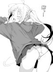  1girl :d ^_^ ahoge ass blush bocchi_the_rock! closed_eyes commentary_request from_side greyscale henyaan_(oreizm) highres hood hooded_jacket ijichi_nijika jacket long_sleeves monochrome open_mouth side_ponytail sidelocks simple_background smile solo white_background 