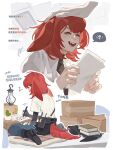  1girl 1other alternate_costume arknights arrow_(symbol) black_boots black_gloves black_necktie blue_pants book boots box cactus cardboard_box chinese_commentary chinese_text closed_eyes collared_shirt commentary_request crownslayer_(arknights) denim drawing_(action) fangs gloves happy headpat highres hyena_ears hyena_girl hyena_tail jeans lantern long_sleeves multiple_views musical_note necktie open_mouth pants paper plant potted_plant red_hair shirt shoe_soles short_hair simple_background sitting smile torn_clothes torn_pants translation_request white_background white_shirt yi_tai_meiyou_xianshi_ping_de_zhuji 