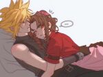  ... 1boy 1girl aerith_gainsborough arm_belt arms_around_another's_waist belt black_pants blonde_hair braid braided_ponytail brown_belt brown_gloves brown_hair closed_eyes closed_mouth cloud_strife commentary couple cropped_jacket cuddling dress final_fantasy final_fantasy_vii final_fantasy_vii_remake gloves green_eyes grey_shirt hair_between_eyes hair_ribbon hetero highres jacket long_hair looking_at_another multiple_belts one_eye_closed pants parted_bangs pillow pink_dress pink_ribbon poffg_7 red_jacket ribbed_shirt ribbon sequential shirt short_hair short_sleeves sidelocks single_bare_shoulder single_braid sleeveless sleeveless_turtleneck spiked_hair spoken_ellipsis suspenders turtleneck untranslatable_commentary white_background 
