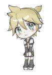  1boy belt black_leg_warmers black_sailor_collar black_shorts black_sleeves blonde_hair blue_eyes chibi chibi_only closed_mouth commentary detached_sleeves dot_nose frown hair_between_eyes hands_on_lap headphones kagamine_len leg_warmers light_blush long_sleeves looking_at_viewer male_focus musical_note musical_note_print necktie own_hands_together ponytail print_belt print_shirt raised_inner_eyebrows sad sailor_collar sailor_shirt shirt shoes short_hair short_ponytail short_sleeves shorts simple_background solo standing tareme tearing_up triangle_print user_fuju4745 vocaloid white_background white_shirt white_shoes yellow_belt yellow_necktie 