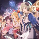  3girls :d ^_^ aerial_fireworks asymmetrical_bangs bare_shoulders black_skirt blonde_hair blue_archive blue_kimono blush braid breasts brown_hair candy_apple chopsticks cleavage closed_eyes commentary_request dango eyes_visible_through_hair fang fireworks food forehead frilled_skirt frills hair_over_one_eye hair_over_shoulder halo highres holding holding_food japanese_clothes kimono large_breasts long_hair low_twintails maid maid_headdress market_stall multicolored_hair multiple_girls night outdoors phina_(fire_emblem) pina_(blue_archive) pink_kimono pleated_skirt purple_eyes red_hair sanshoku_dango skirt sky smile star_(sky) starry_sky streaked_hair summer_festival twintails two_side_up umika_(blue_archive) very_long_hair wa_maid wagashi whoisshe 